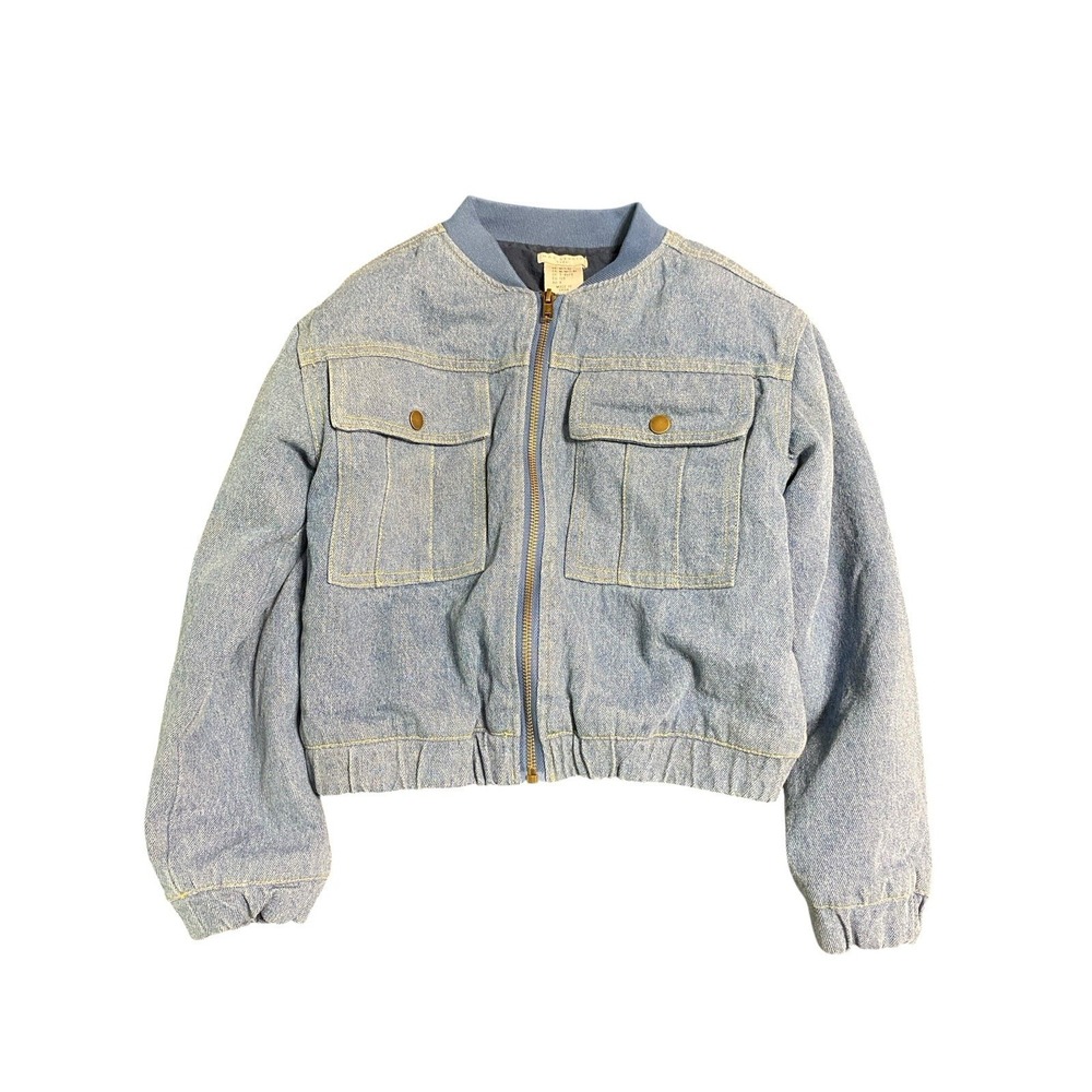 Max Studio Kids Denim Bomber Jacket Size M 7-8 Quilted Lining Blue Jean Zip Up